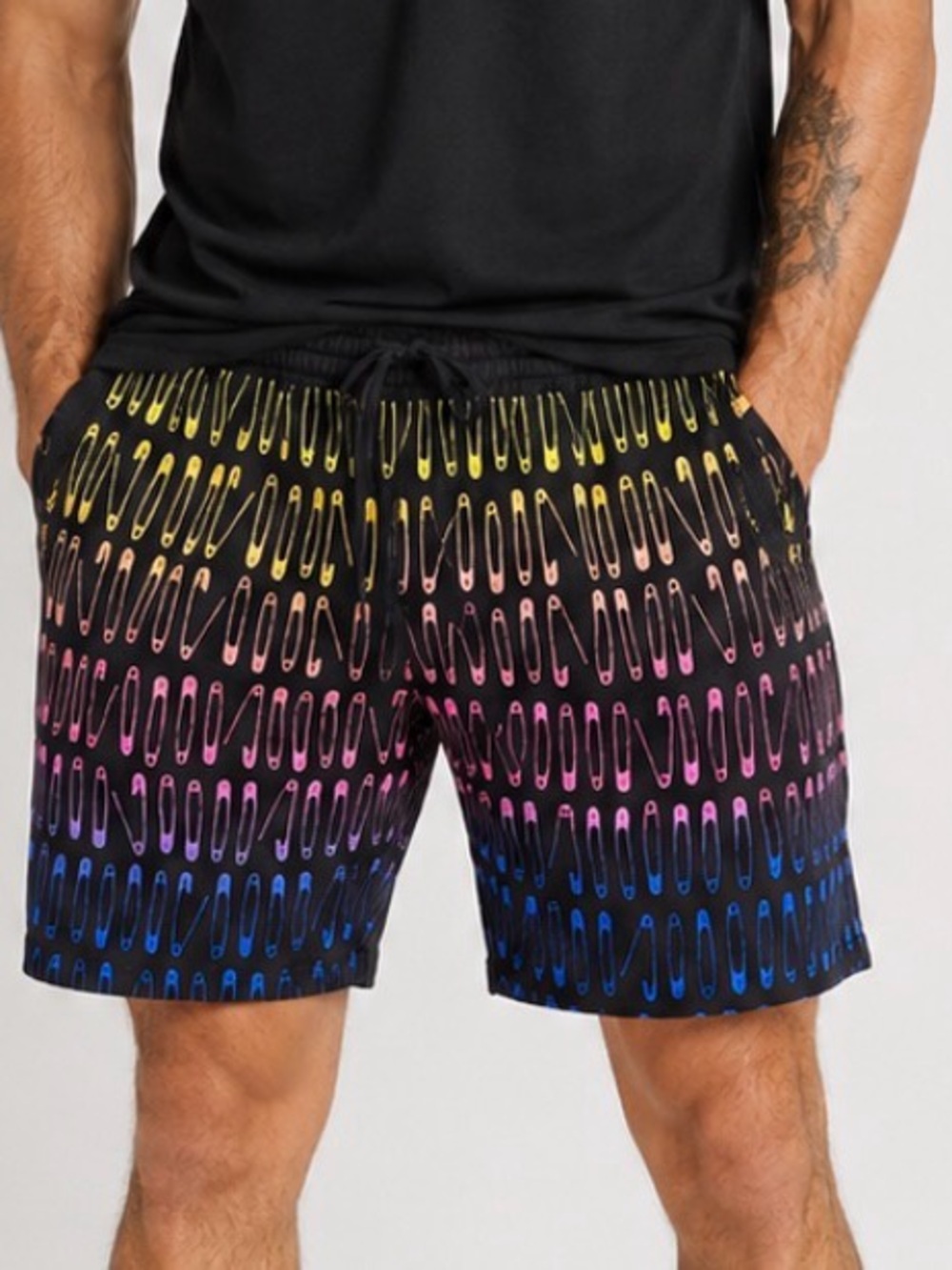 Spirit Jersey Black Safety Pin Print sweat Shorts with Rainbow Accent men's LG